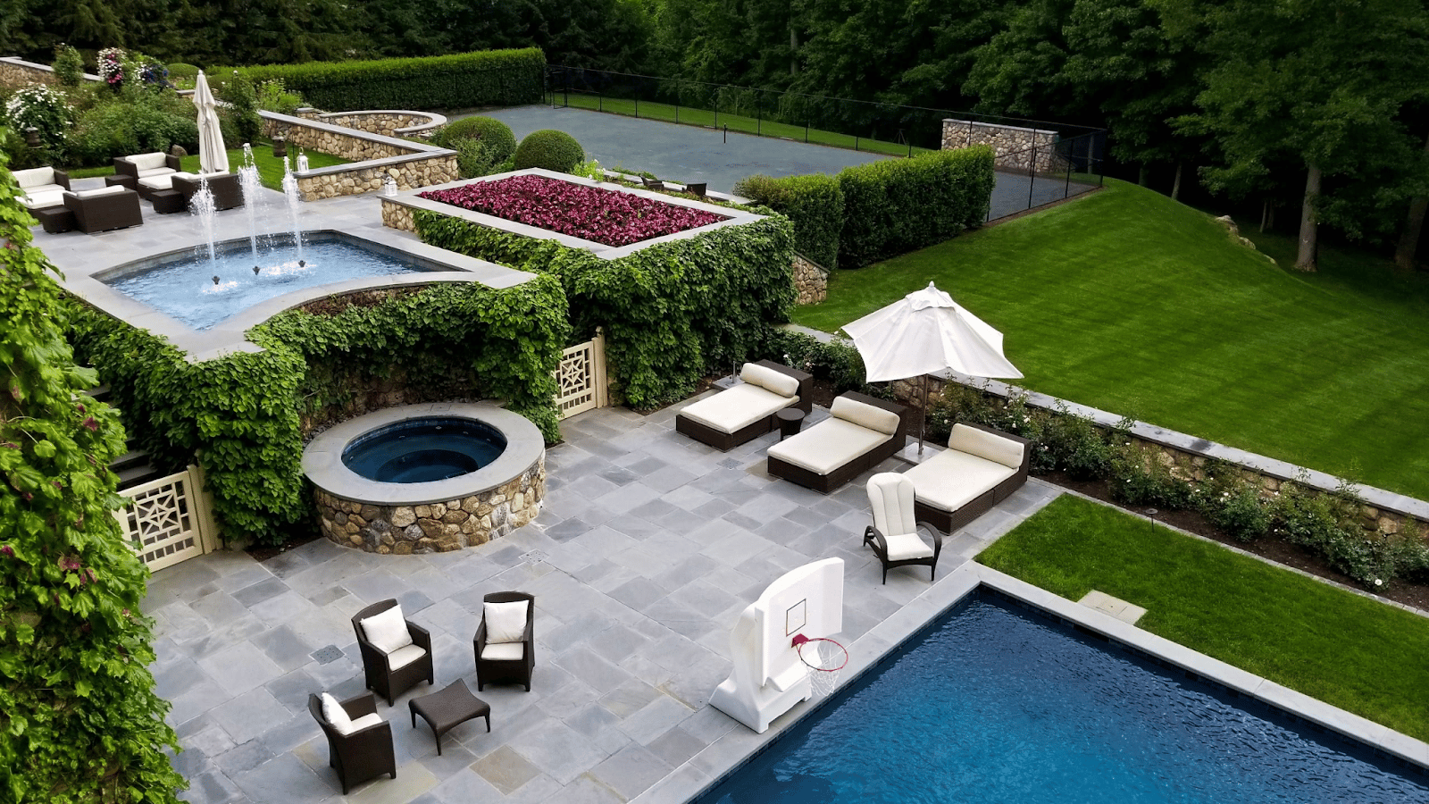 Pool, fountain, firepit and outdoor seating