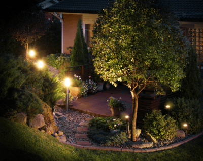 Landscaping lighting in the front yard of a Greenwich Connecticut home